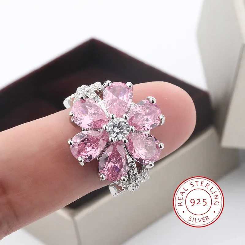 Exquisite Colorful Zircon 925 Silver Ring Women for Ring Fashion Pink Flowers Womens Engagement Ring Party Jewelry PeachXJ250514