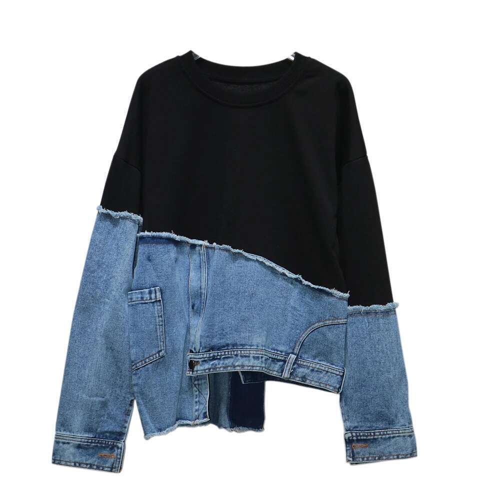 240920 Sweatshirt Women's Personality Asymmetrical Denim Splicing Loose Casual Top Autumn Winter Fashion Versatile Tops Designer