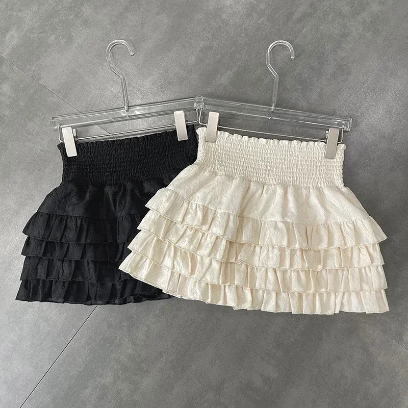 Streetwear Ruffles Mini Skirts Women Sweet Kawaii High Waist Lace A Line Skirt Summer Korean Fashion Black Ball Gown 250514