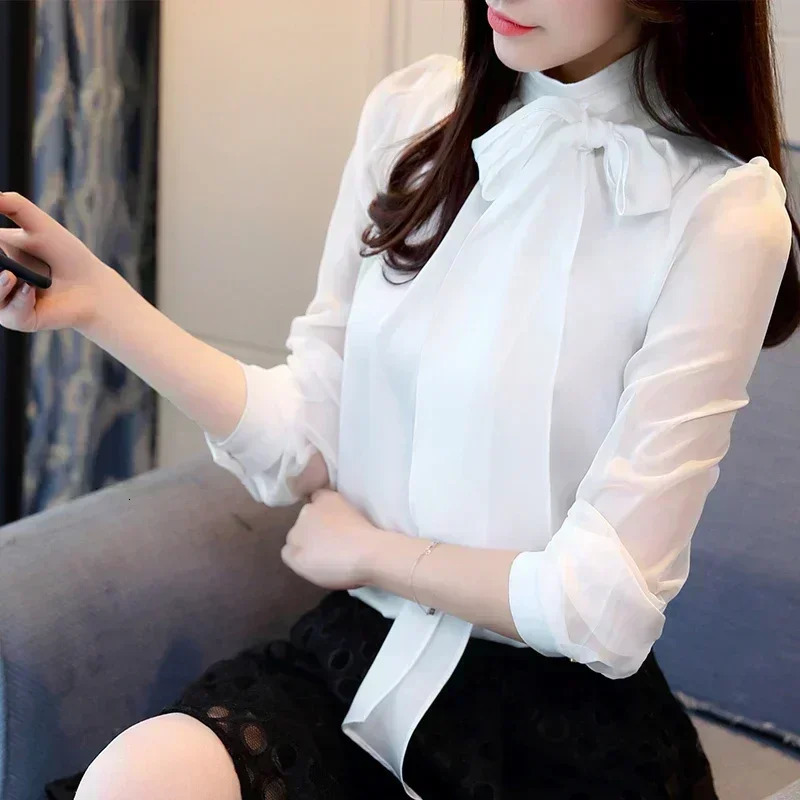 Summer Fashion Tunic Women Blouse Long Sleeve Woman Tops Tie Bow Chiffon Womens Shirts Office Lady Clothes 0599 250513