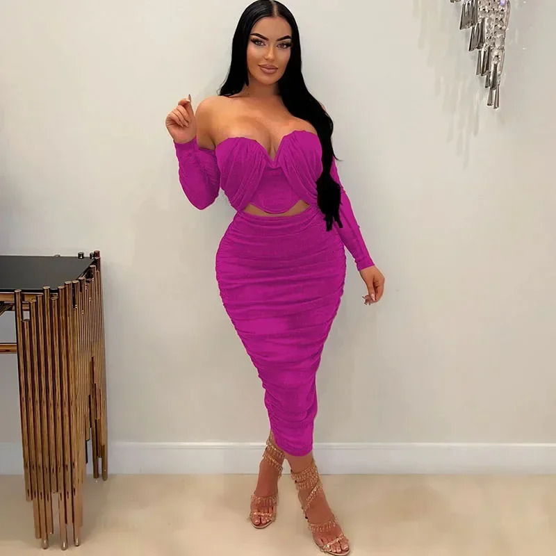 Sexy Party Night 2 Piece Outfit Set Women Y2K Clothing Mesh Ruched Strapless Crop Top and Skirt Clubwear Bodycon Maxi Dress Sets 250514