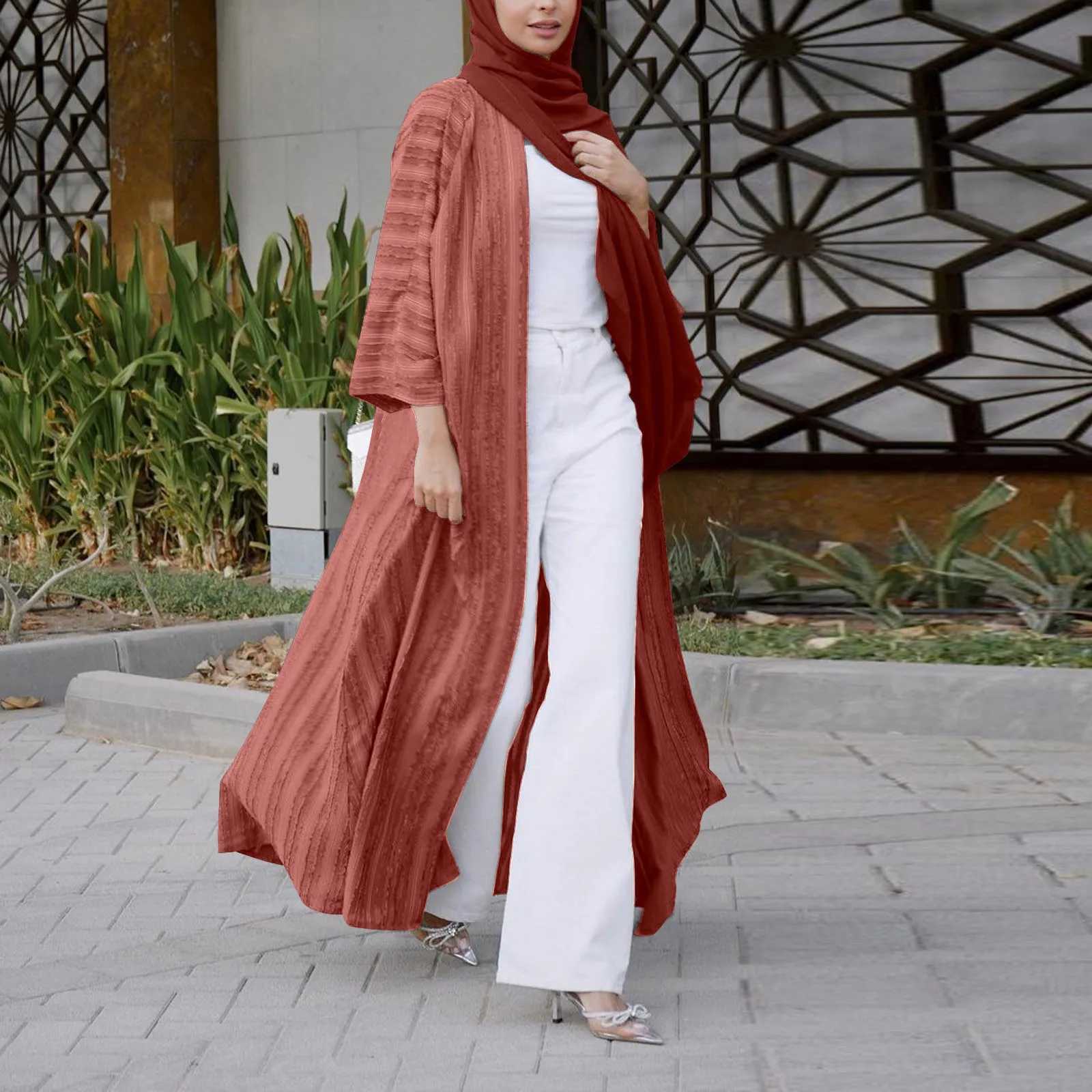 2025 New Fashion Muslim Kimono Abaya Solid Striped Retro Ethnic Cardigan Robe Dubai Middle Eastern Saudi Arabia Eid Clothes X250514