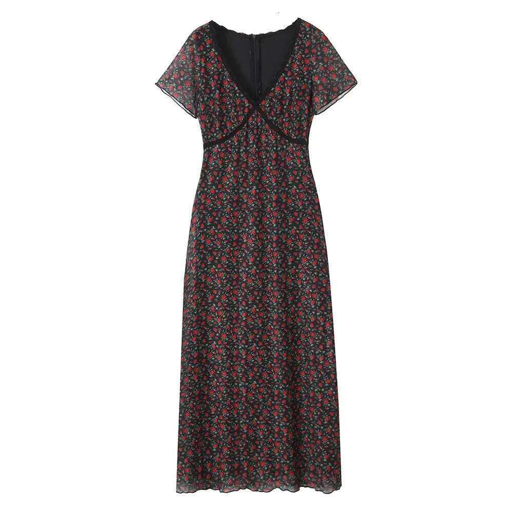 ZAR4 Summer New Women's European and American Pure Desire Rose Print V-neck Slim Fit Waist Long Dress