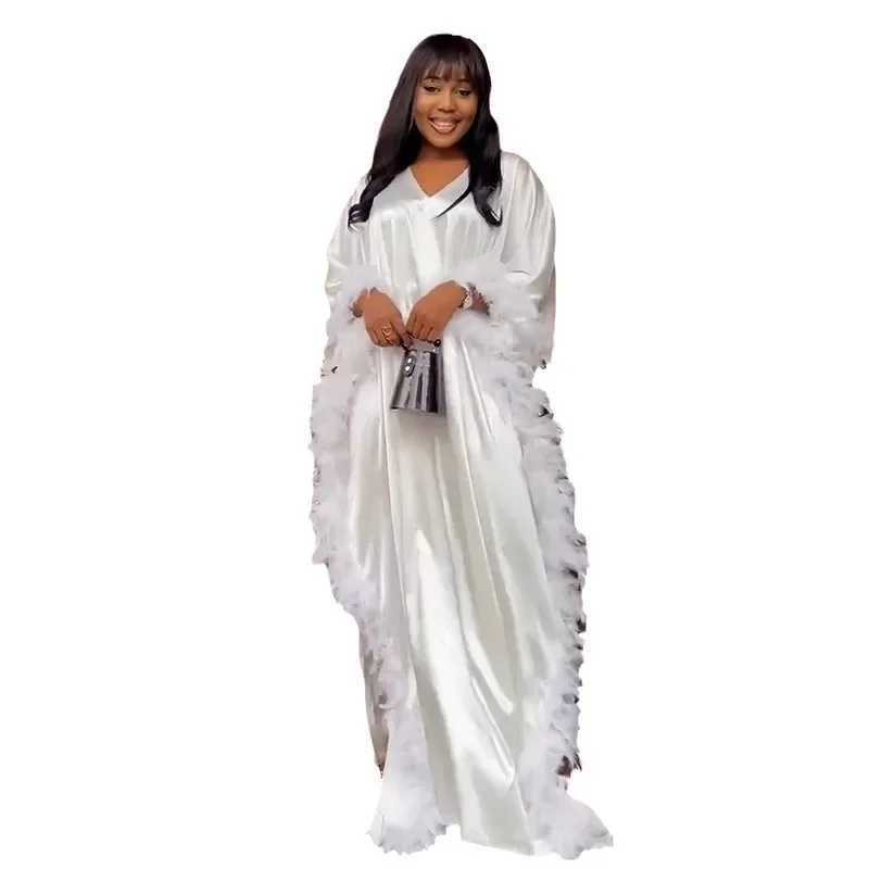 Elegant African Feather Dresses for Women Muslim Bat Slve Boubou Abaya Robe Dashiki Ankara Evening Gown Kaftan Long Maxi Dress X250514