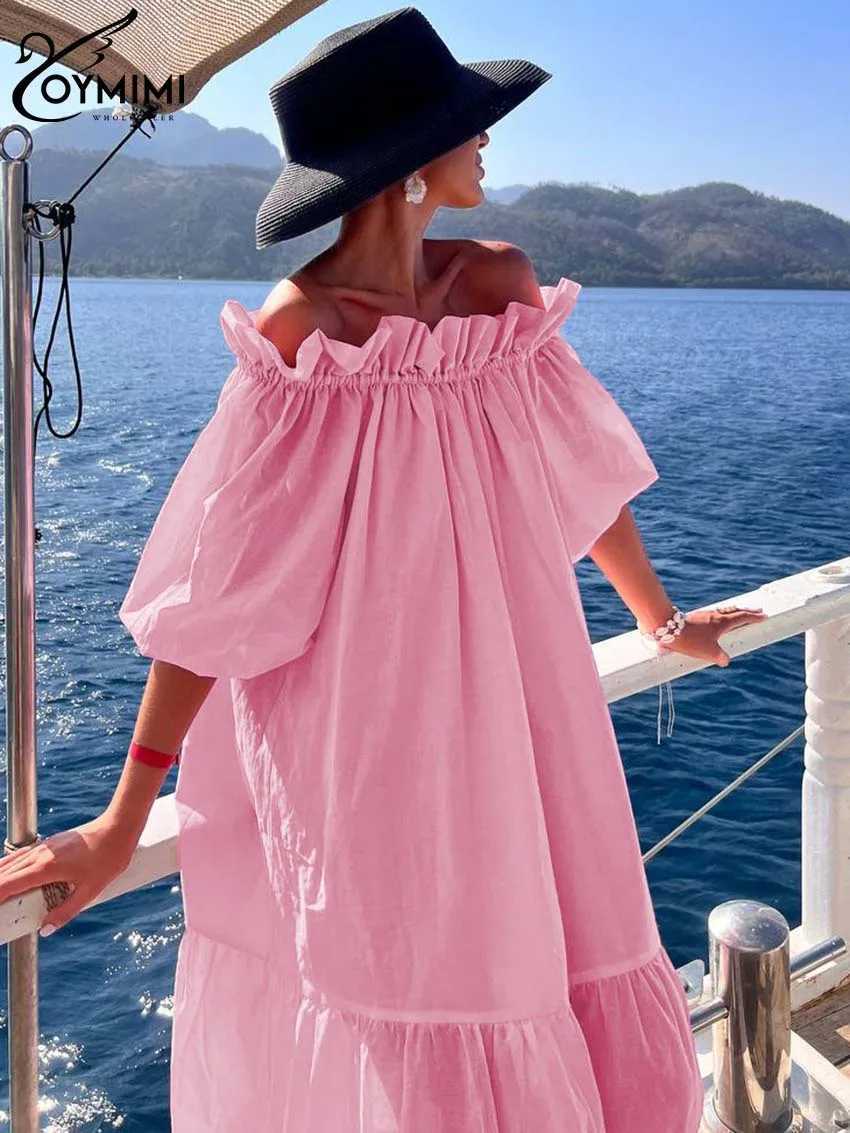 Oymimi Fashion Pink Cotton Womens Dresses Casual Slash Neck Three Quarter Sleeve Dress Elegant Loose Pleated Ankle-Length DressXJ250514