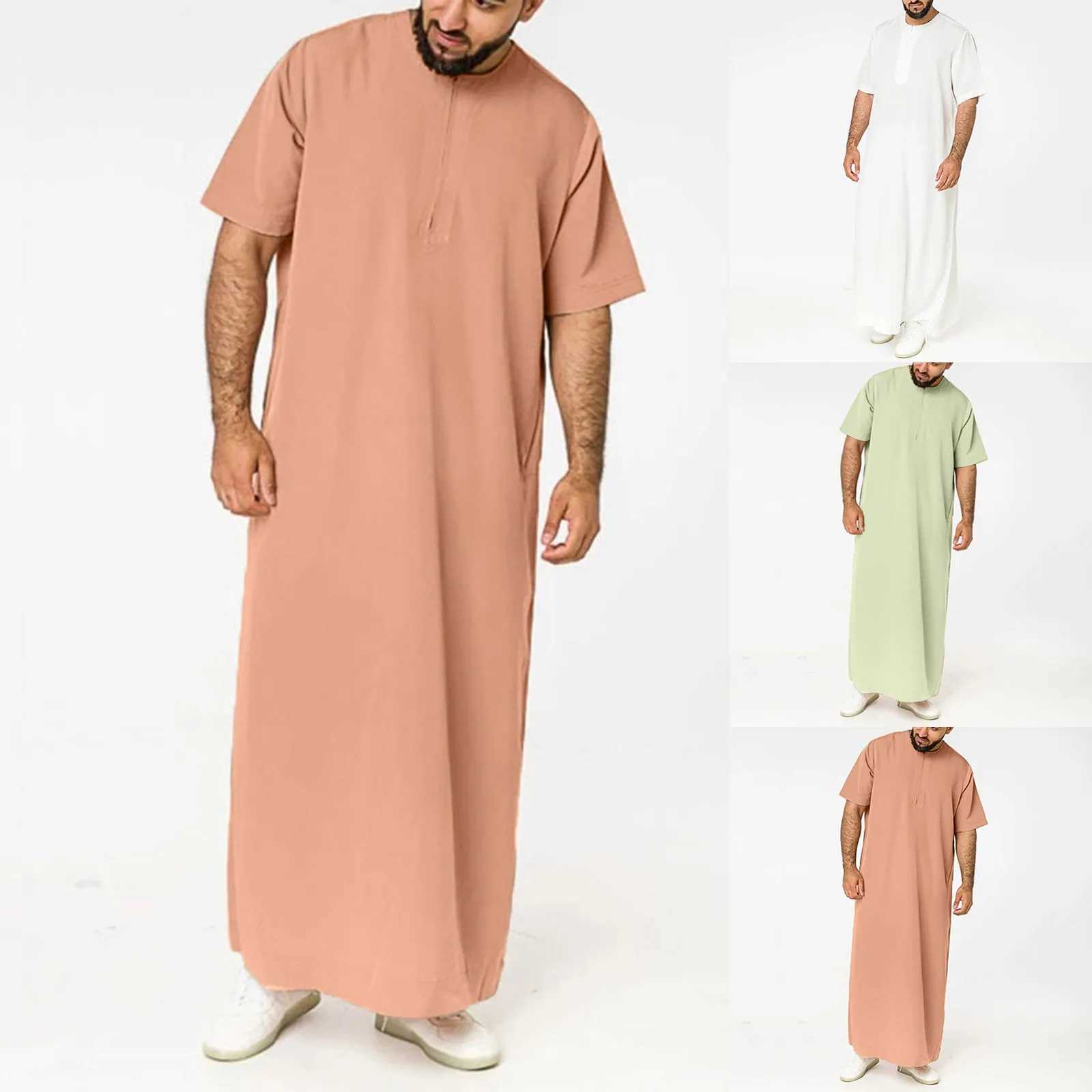 Breathable Loose Muslim Basic Shirt Mens Casual Solid Round Neck Zipper Muslim Robe Short Sleeve Jubba Thobe Ropa De Hombre X250514