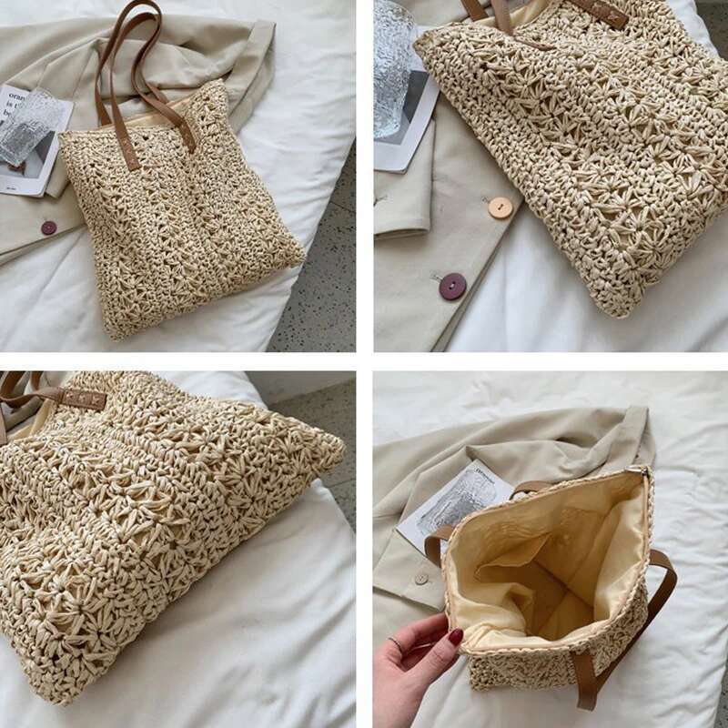 Fashion Straw Woven Large Capacity Shoulder Shopping Bag Women Vacation Beach Handbag Purse Bohemia Rattan Knitted Tote For Lady