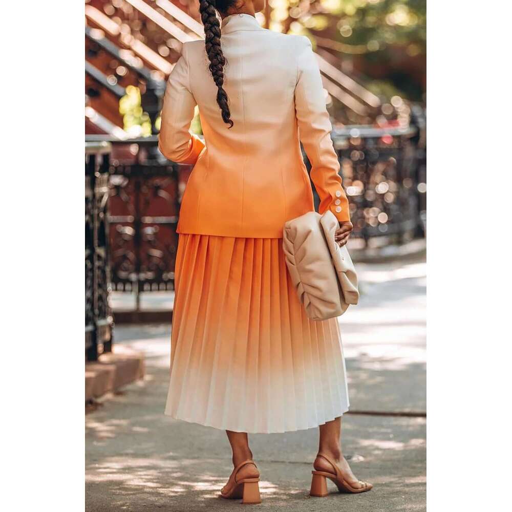 Plus Size Business Casual Orange Gradient Pleated Long Sleeve Blazer Suit Two Piece Skirt Set