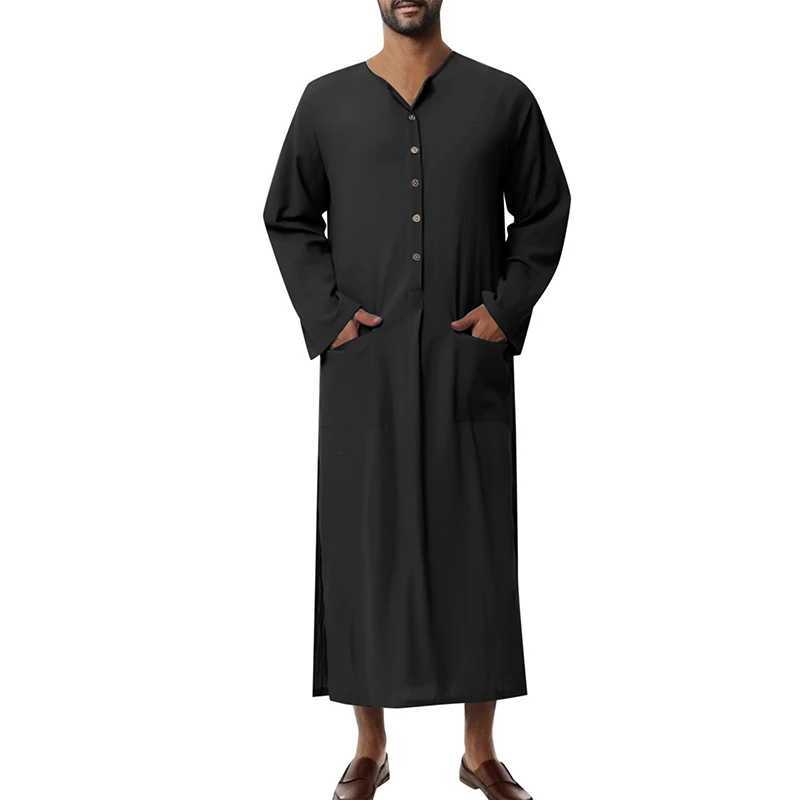 Mens Muslim Robes Solid Color Long Sleeve Cotton Pockets Robes Button-down Leisure Vintage Islamic Arab Kaftan Dubai Male New X250514