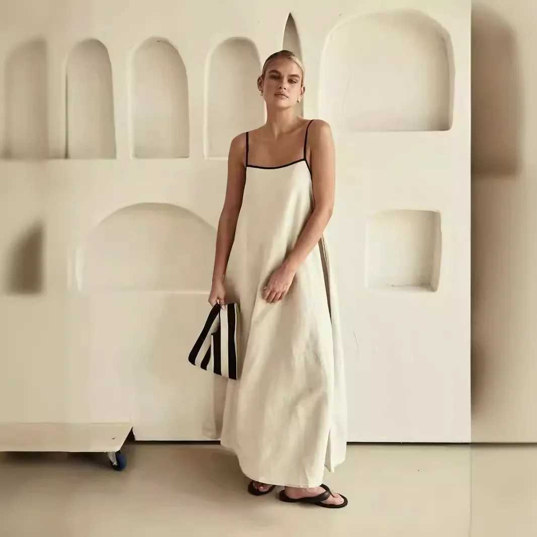 2024 Summer Women Cotton And Linen Maxi Sling Dress Casual Loose Big Hem Solid Vacation Khaki Wihte Sleeveless Dresses Robes Y2KXJ250514