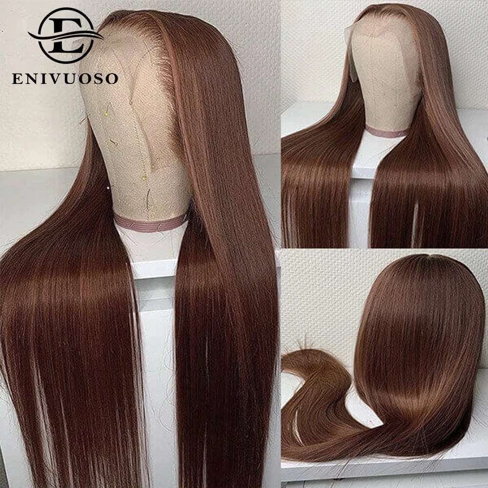 13X4 Chocolate Brown Long Straight Front Wigs For Black Women Colored Transparent HD Synthetic Lace Frontal Wig Pre Plucked