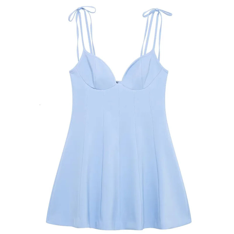 TRAF Womens Blue Slip Dress Summer Woman Elegant Butterfly Corset Resort Short Dresses Bow Sleeveless Backless Vestido 066 250514