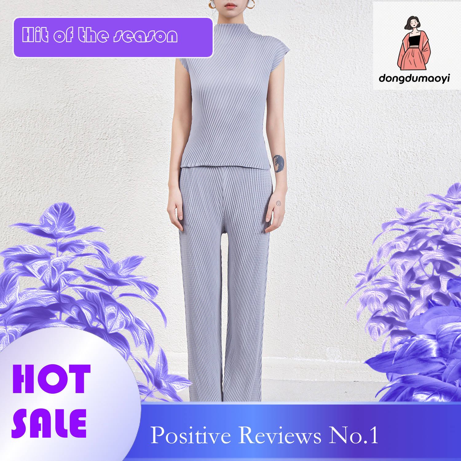 dongdumaoyi Fashionable pleated suit women's 2024 spring/summer new style simple casual short sleeved T-shirt top versatile slimming straight leg
