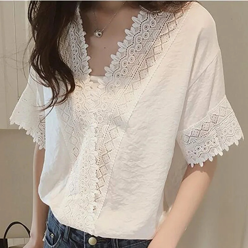 Women Summer Tops Crochet Lace Tees Sexy Vintage Short Sleeve T Shirts Loose Blouse Casual 250514