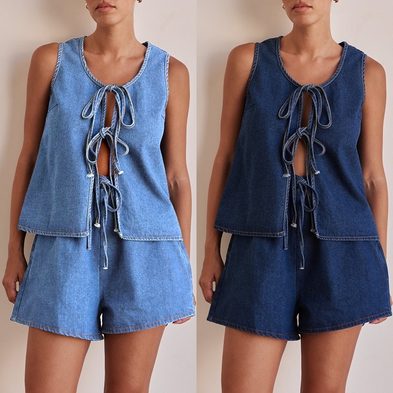 Summer fashion casual sleeveless lace up high waisted womens vest denim suit shorts