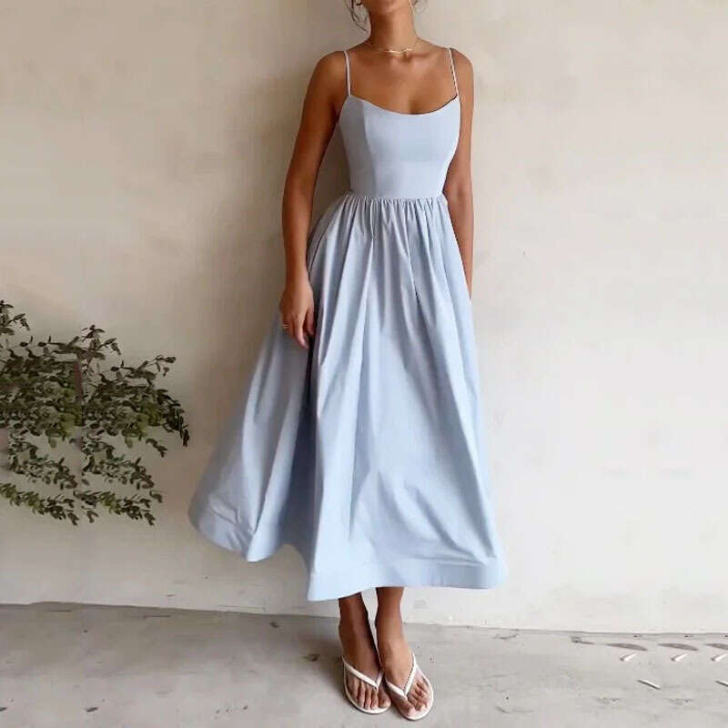 June Vestidos Floral Dress Women Dress 2025 New Womens Clothing Style Commuting Sexy Low Cut Slim Fit Waist Strap Large Swing Dress for Women