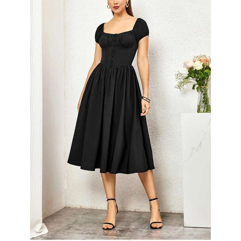 NewAsia Women's Short Sleeves Square Neck Midi Corset Dress Flowy Swing A line Fashion Casual Long Dresses Navy Summer