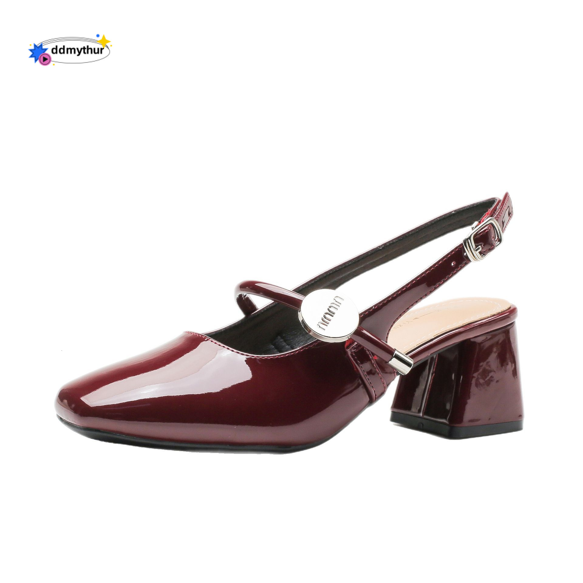 6CM genuine leather toe cap sandals for women, Mary Jane fairy summer mid French style flat strap with thick heel and empty sole at the back ddmythur