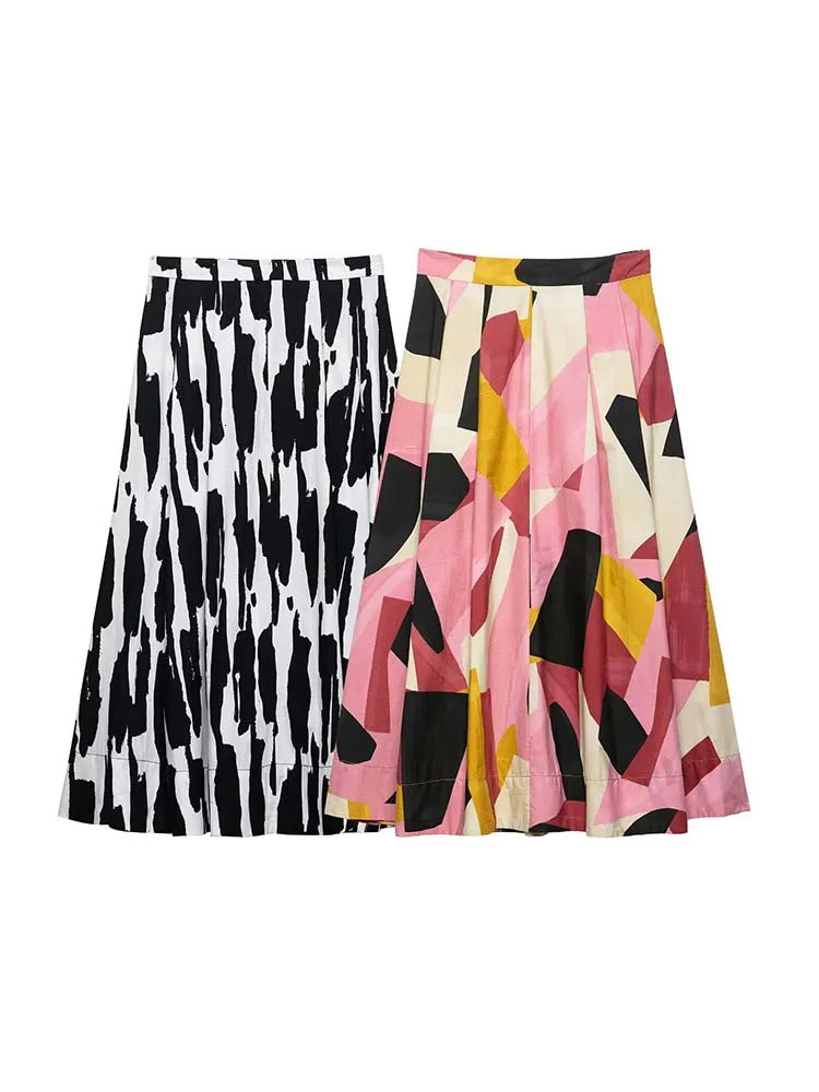 Women Summer MIDI Skirts Fashion Print Side Zipper Female Elegant Street Skirt Clothing 250514
