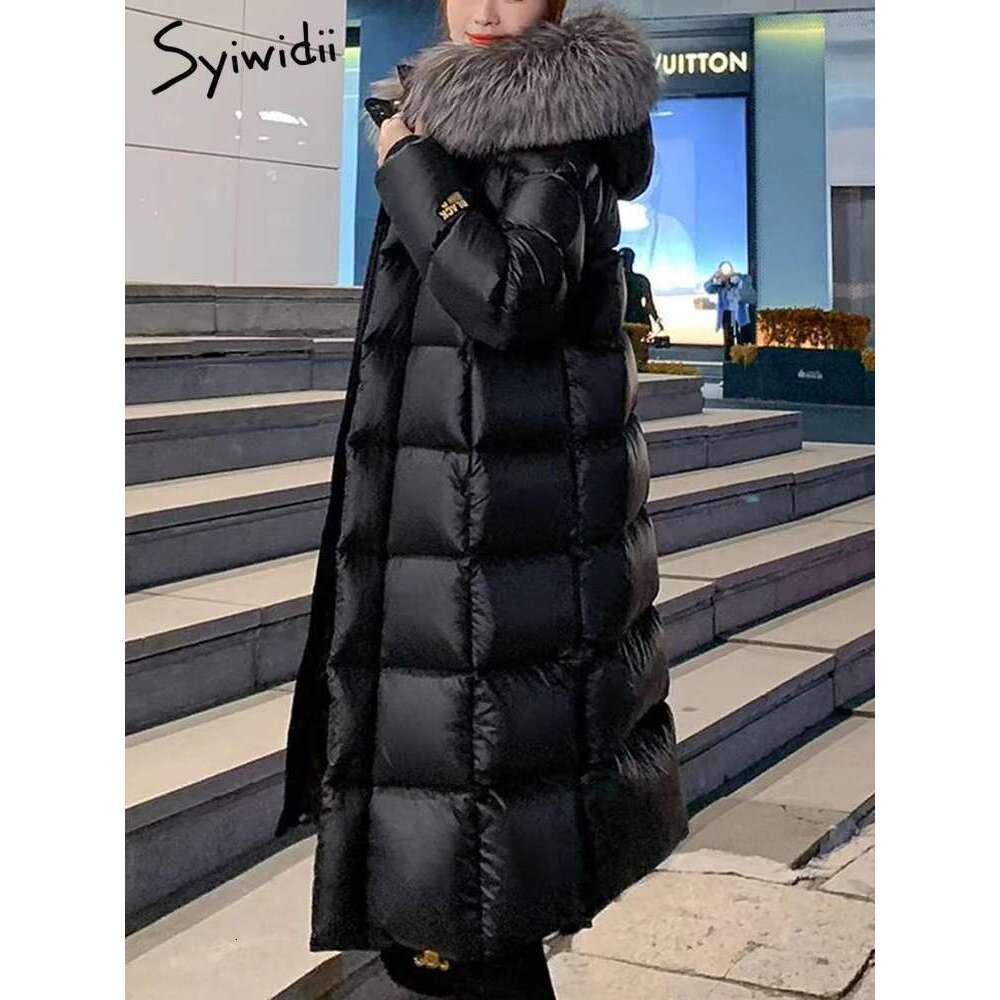 Syiwidii Black Parkas For Women Thermal Single Breasted Zipper Loose Hooded Coat Winter 2024 New Fashion Female Long Outerwear