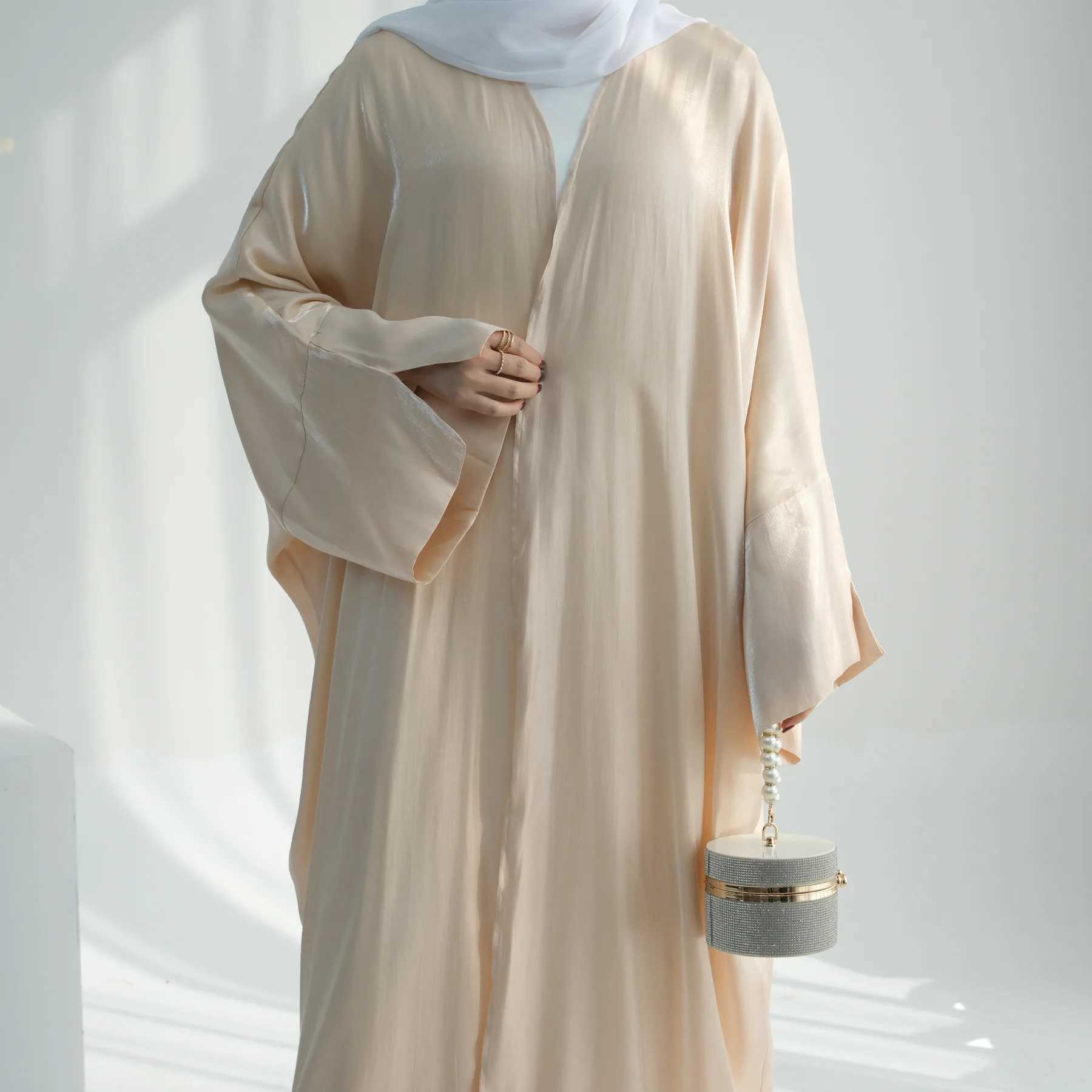 Plain Dubai open abaya moroccan kaftan turkish shiny Ramadan stain dresses Islam Muslim Modest Dress Sets Prayer Clothes Women X250514