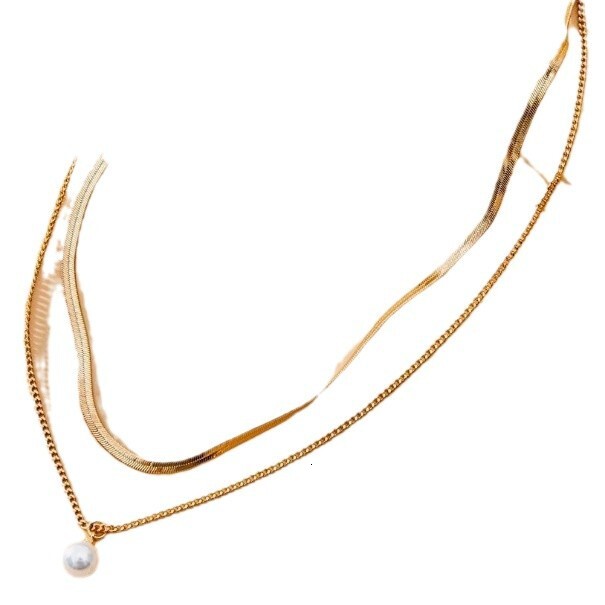 Personalized flat snake chain double pendant necklace, light layered pearl necklace for women