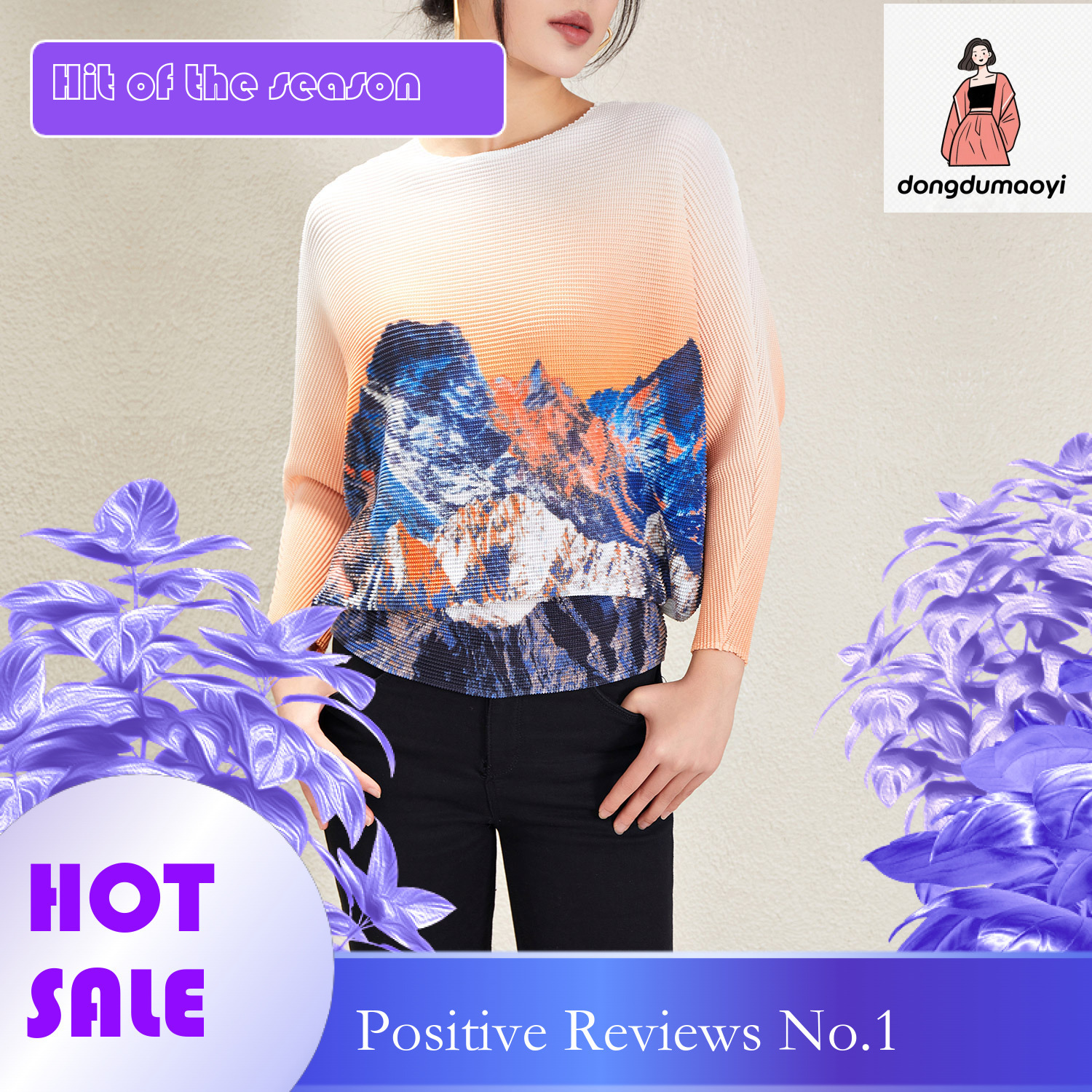 dongdumaoyi Advanced printed irregular round neck top for women in spring, slim fit, niche temperament, pleated base T-shirt