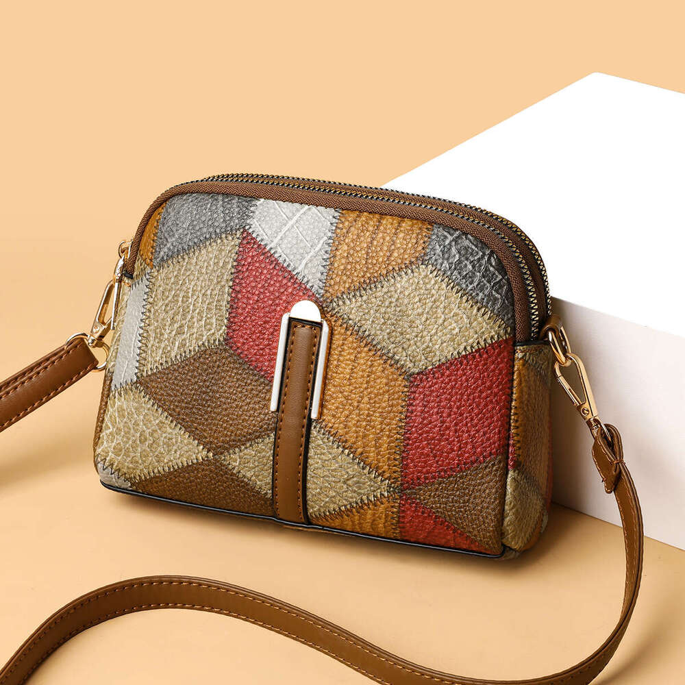 2025 Color blocked Splicing Versatile National Style Double Zipper Single Shoulder Crossover Change Phone Bag New Casual Fashion Trend