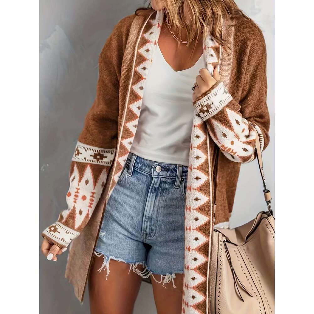 Sweater for Women, Boho Geometric Print Cardigan Sweater, Loose Mid-Length Knitted Jacket