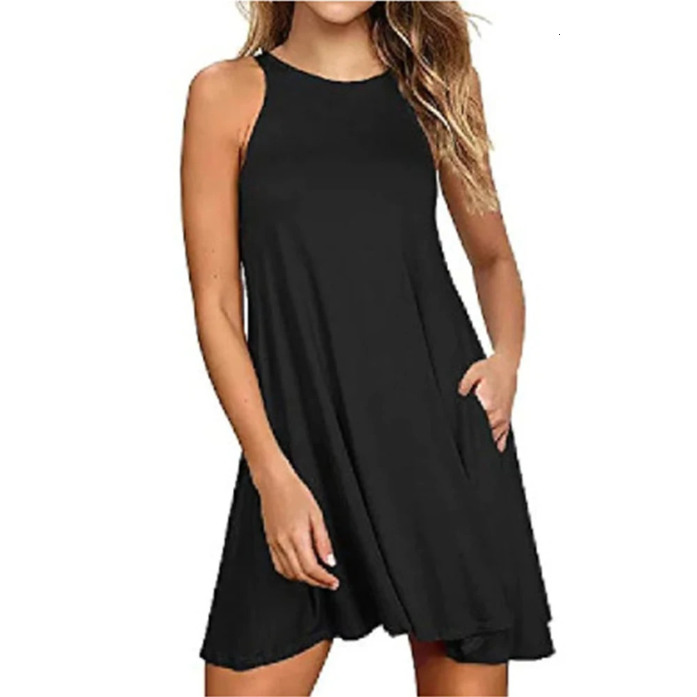 Womens Dress Summer Casual T Shirt Dresses Beach Cover up Plain Pleated Tank Pockets 250514