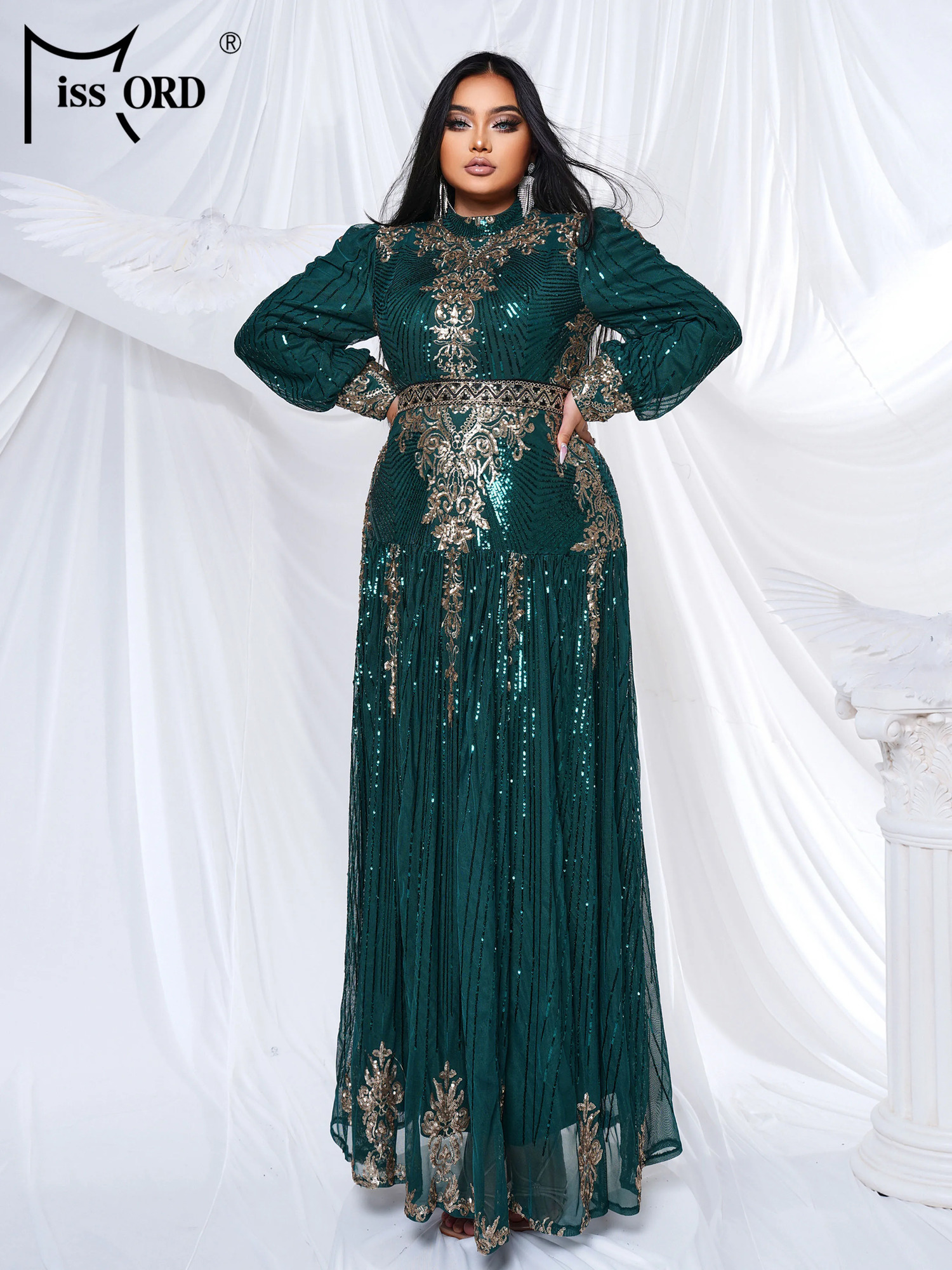 Missord Plus Size Geometric Sequin Green High Neck A Line Evening Large Formal Occasion Dresses 250506