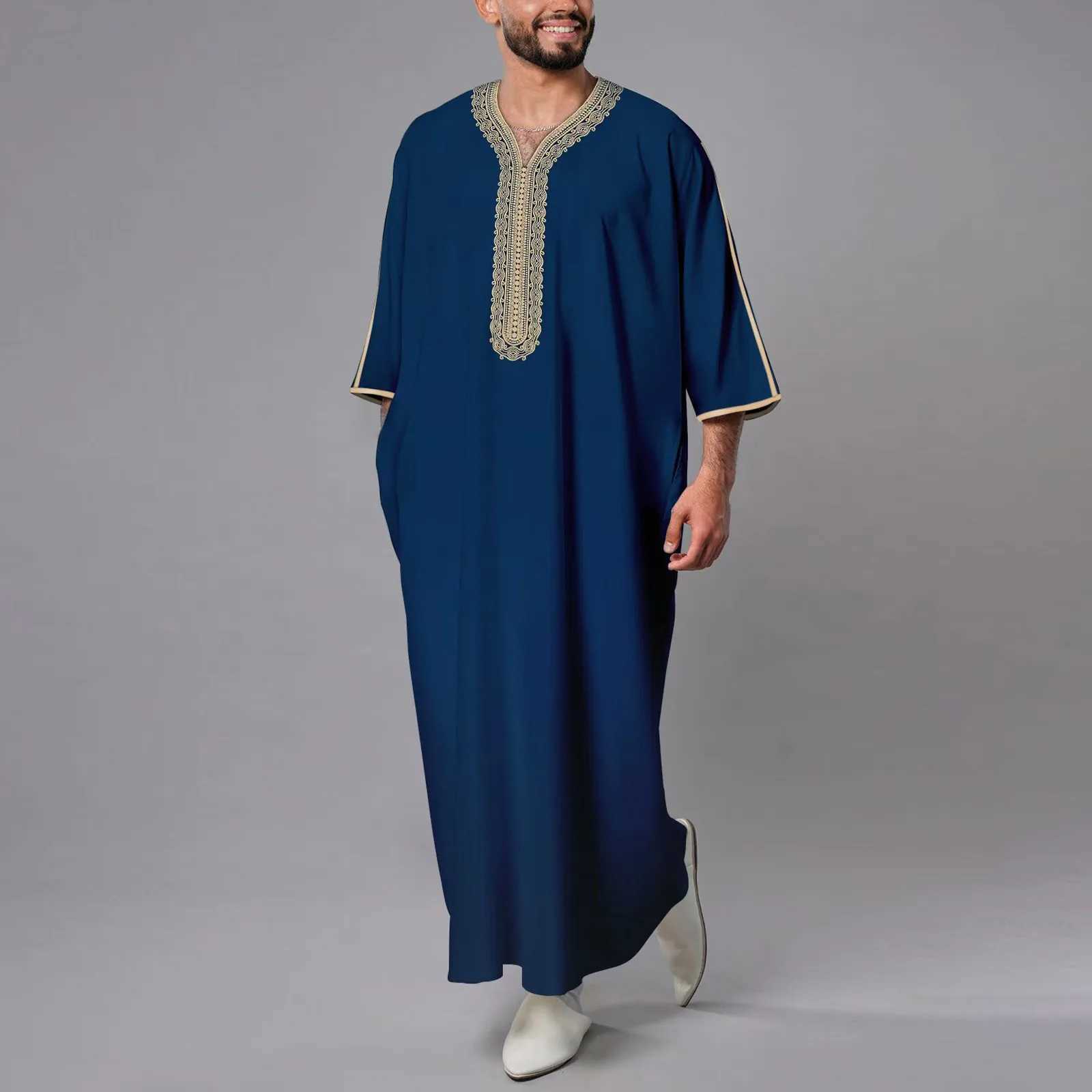 Muslim Mid Sleeve Embroidered Ethnic Moroccan MenS Robe Side Pockets Abaya Thobe Long Sleeve Muslim Kaftan Vintage White Robe X250514