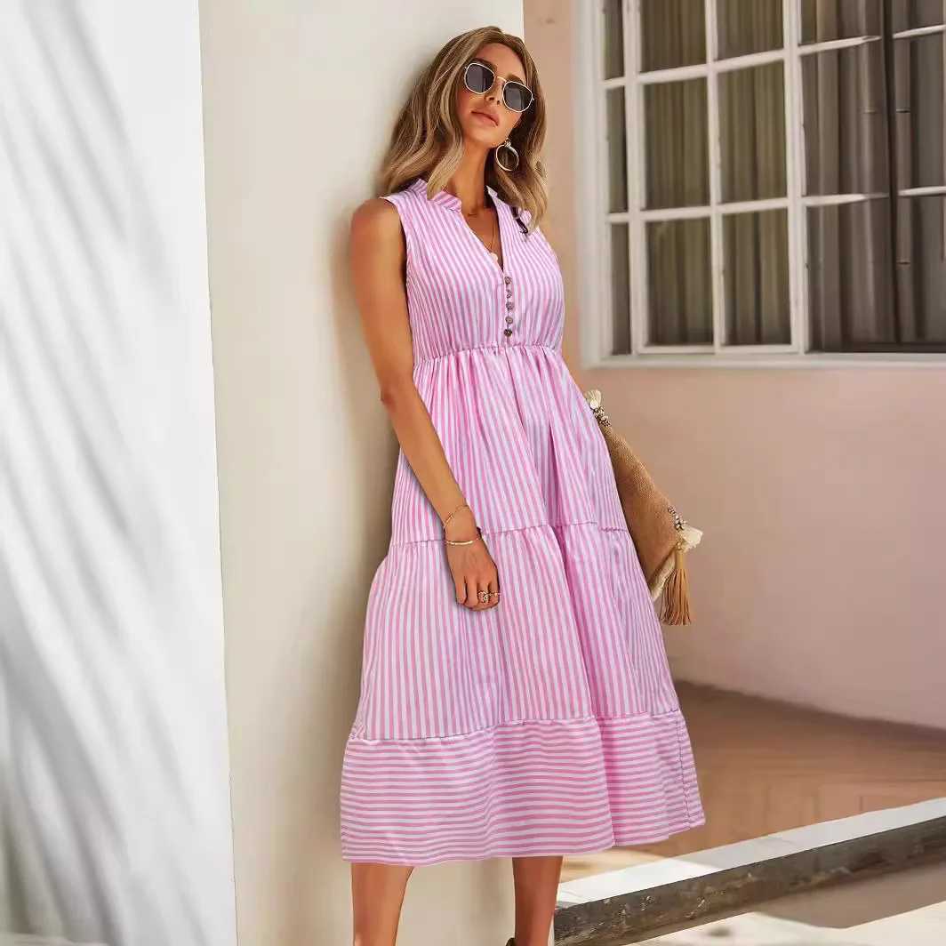 Vintage Boho Summer Midi Dress Women Sleeveless Casual Holiday Striped Shirt Dress Women Sundress Outfits Female Dress DressesXJ250514