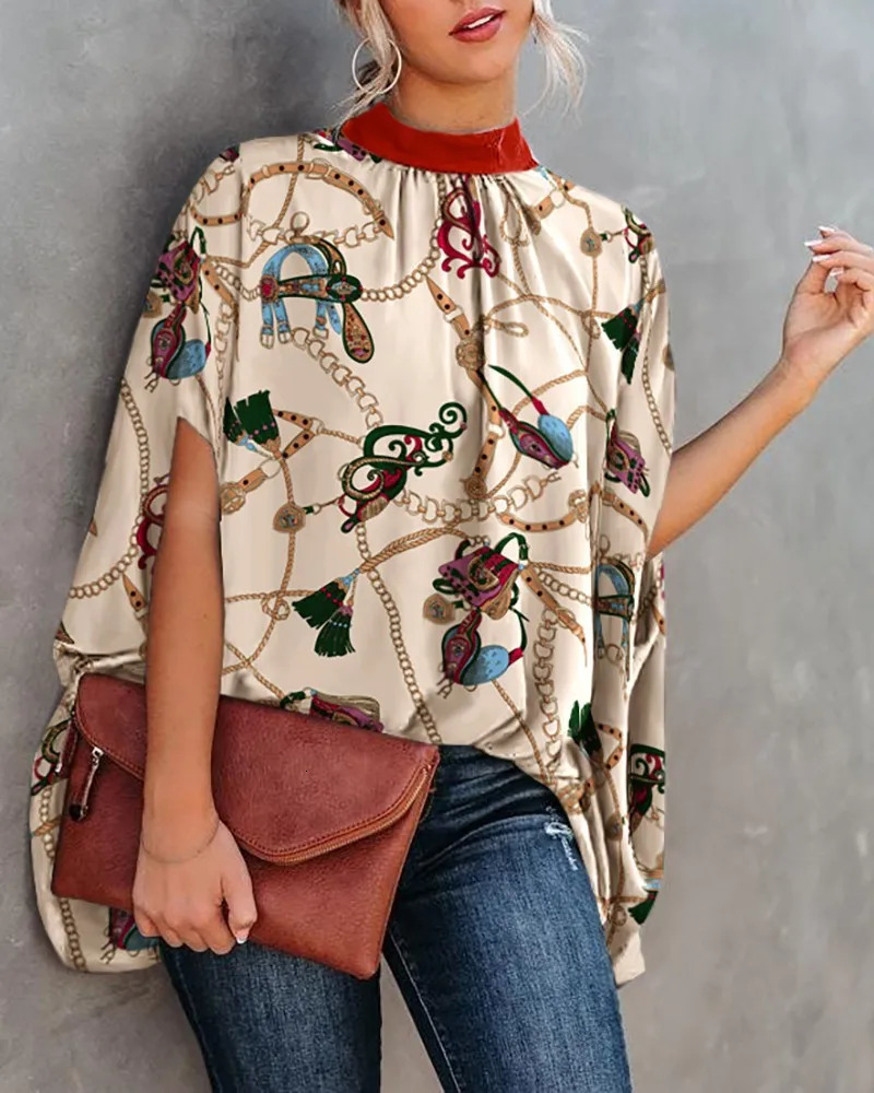 Womens Cape Sleeve Oversize Blouse Tie Closure High Neckline Caftan Body Loose Tops 250514