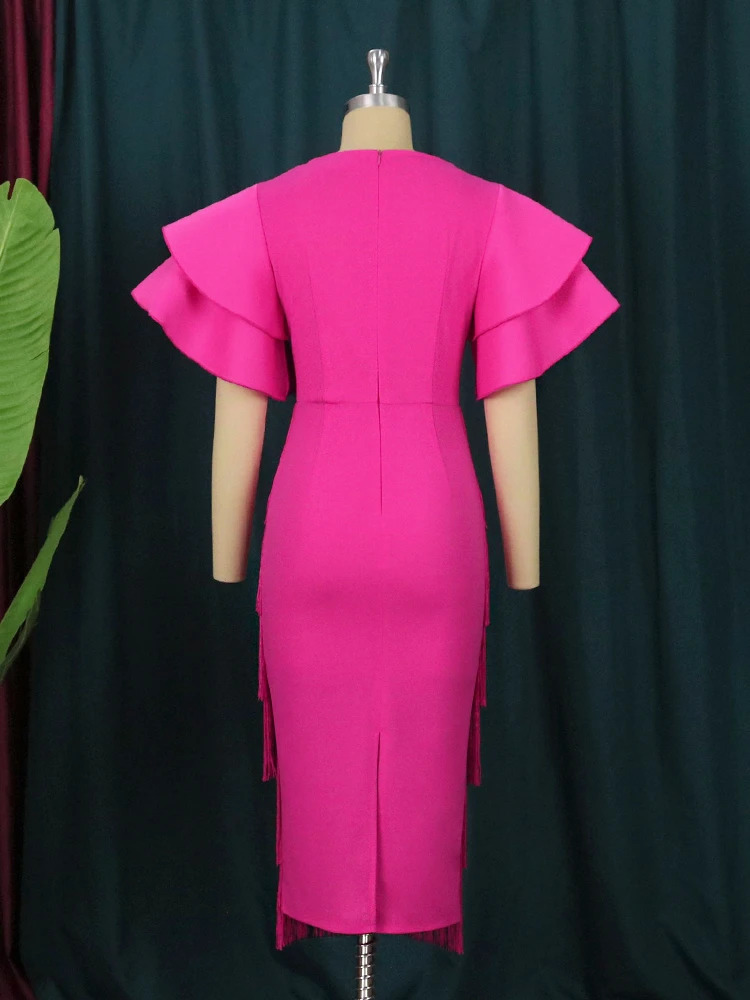 Rose Tassel Dress Plus Size 4XL Bodycon Slim Party Ruffles Short Sleeves V Neck Fringe Elegant Fashion Prom Evening Gowns 250506
