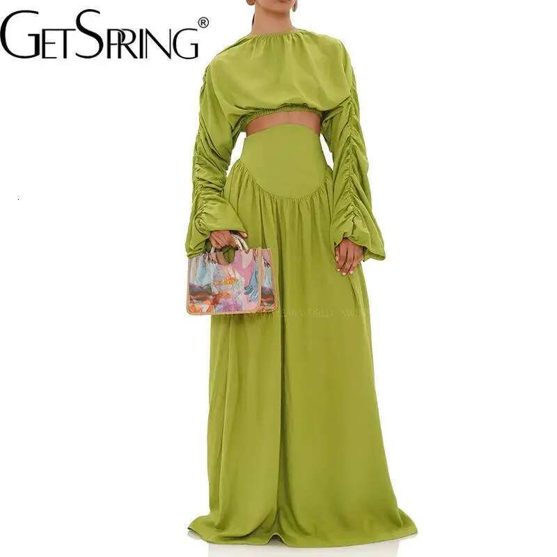Getspring Women 2024 Autumn Fashion Round Neck Pleated Full Sleeve Short Top High Waist Long Skirt Two Pieces Sets