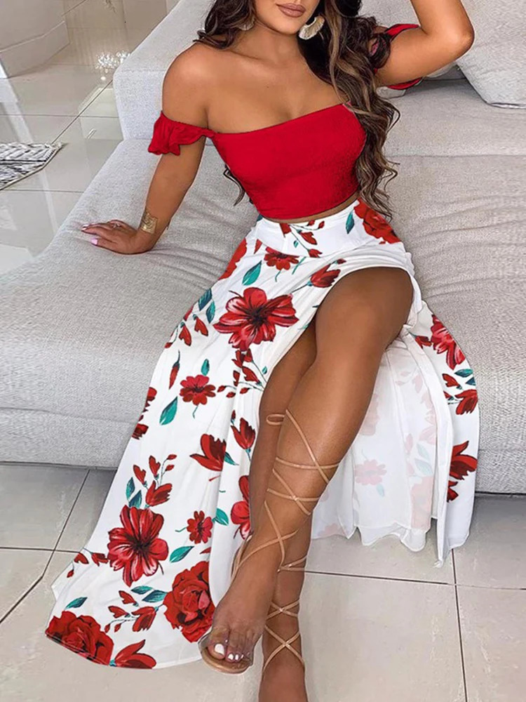 2-Piece Boho Chic Ensemble Off-Shoulder Smocked Tube Top Floral High-Waist Split Maxi Skirt Summer Women Casual Wear Dress Sets 250513