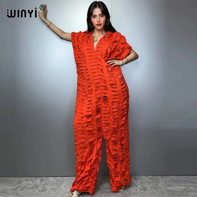 WINYI Summer Original Openwork Loose Denim Jumpsuit Fashion Cover Up