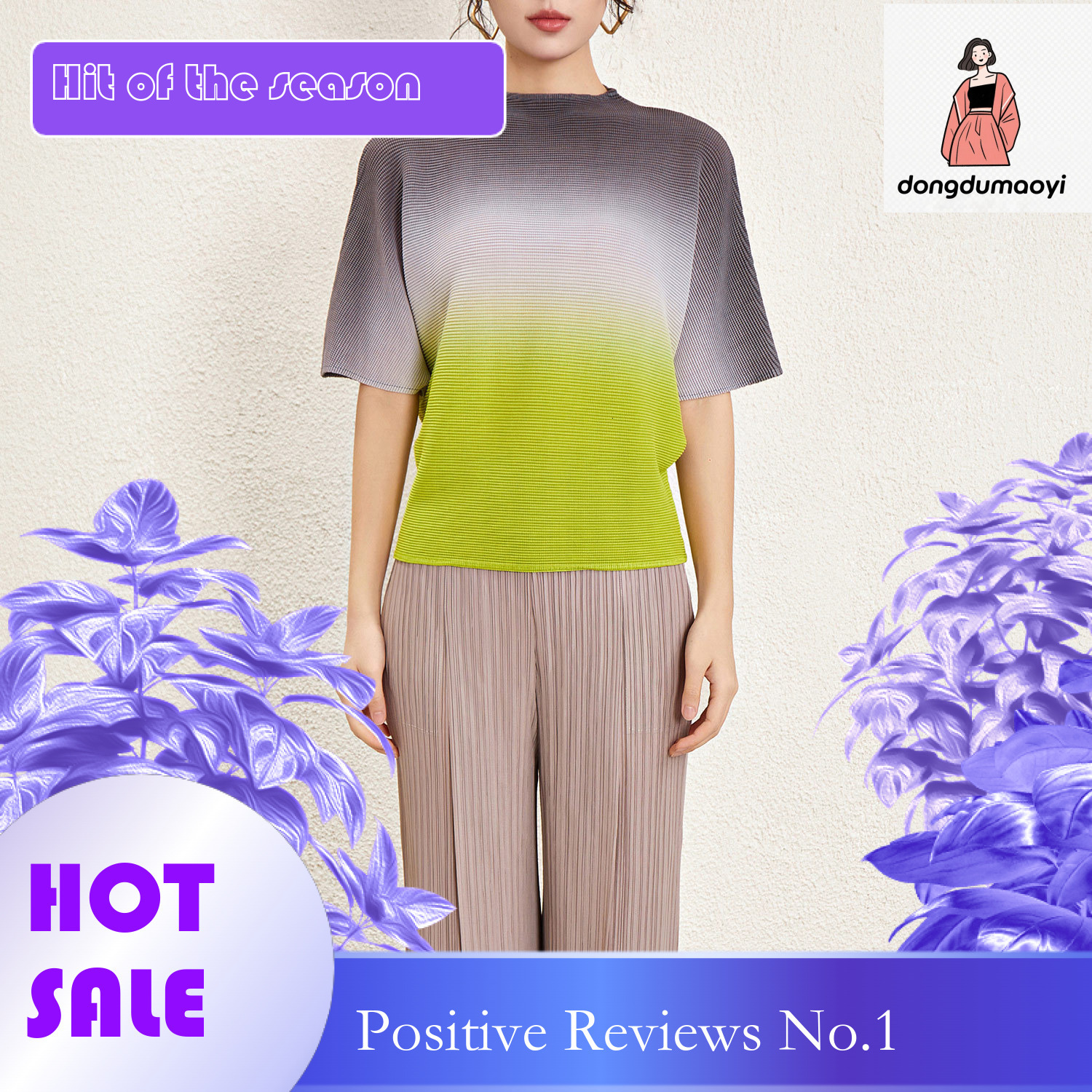 dongdumaoyi European gradient color loose short sleeved T-shirt for women's summer 2024 new Miyake style bat sleeve pleated versatile top
