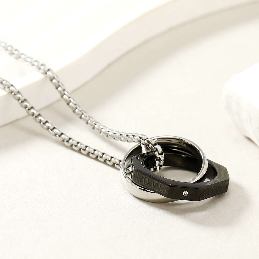 Stainless Jewelry Fashion Versatile Love Letter Double Ring Titanium Steel Necklace Geometric Multi sided Pendant Sweater Chain