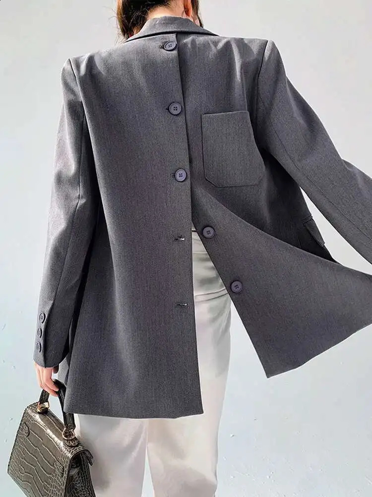 LANMREM Back Button Blazer For Women Gray Notched Long Sleeve Fashion Female Coat 2025 Spring Clothing 250513
