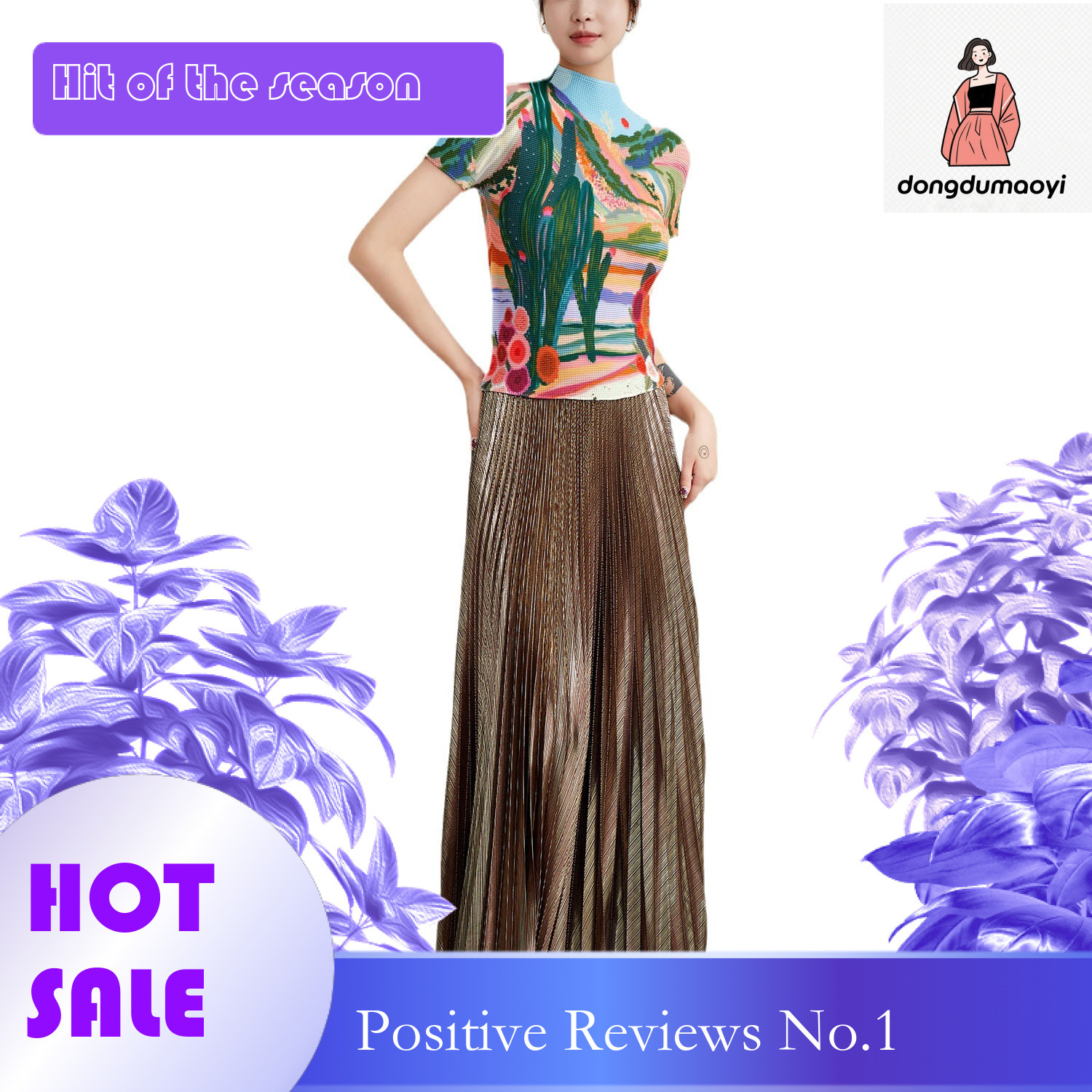 dongdumaoyi Miyake semi high neck short sleeved T-shirt for women in summer 2023 pleated new slim fit printed top