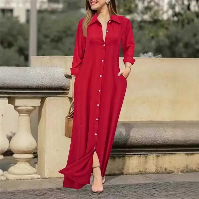 Womens Blouses Maxi Boho Dress Spring Fall Elegant Fashion V-neck Pockets White Long Shirt Dresses For Women Robe Femme VestidosXJ250514