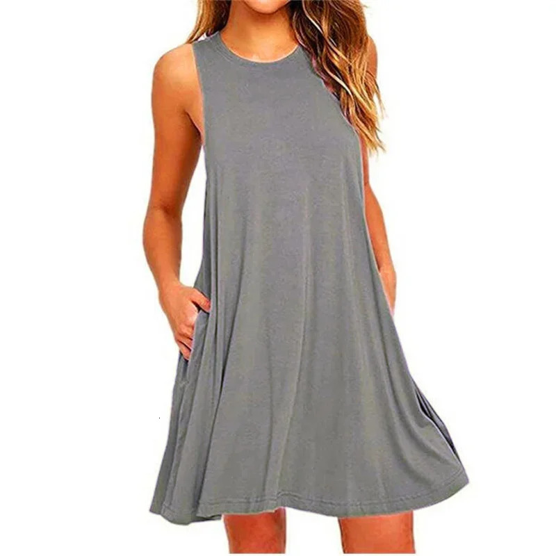 Womens Dress Summer Casual T Shirt Dresses Beach Cover up Plain Pleated Tank Pockets 250514