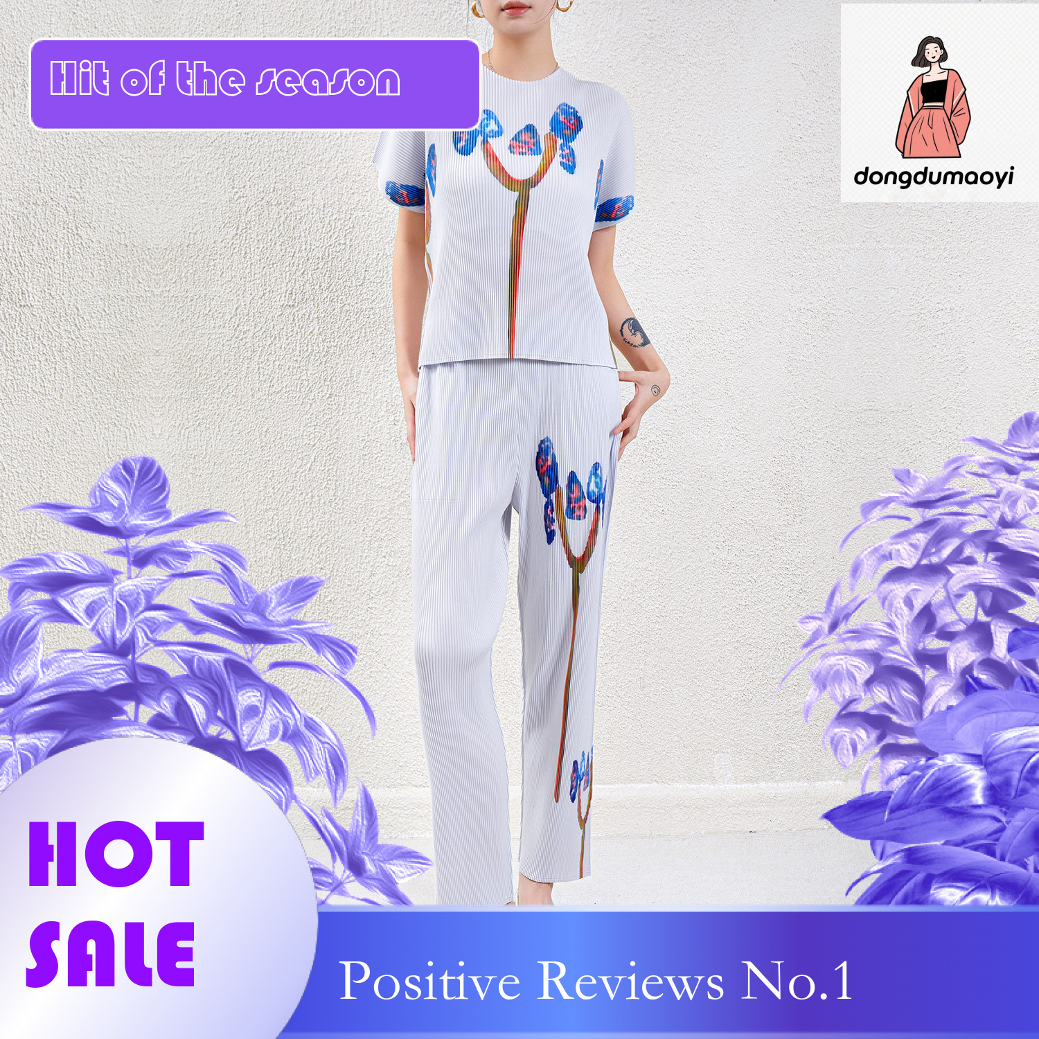 dongdumaoyi High end pleated set, summer printed short sleeved T-shirt, flowing Western style straight leg pants, stylish commuting two-piece set