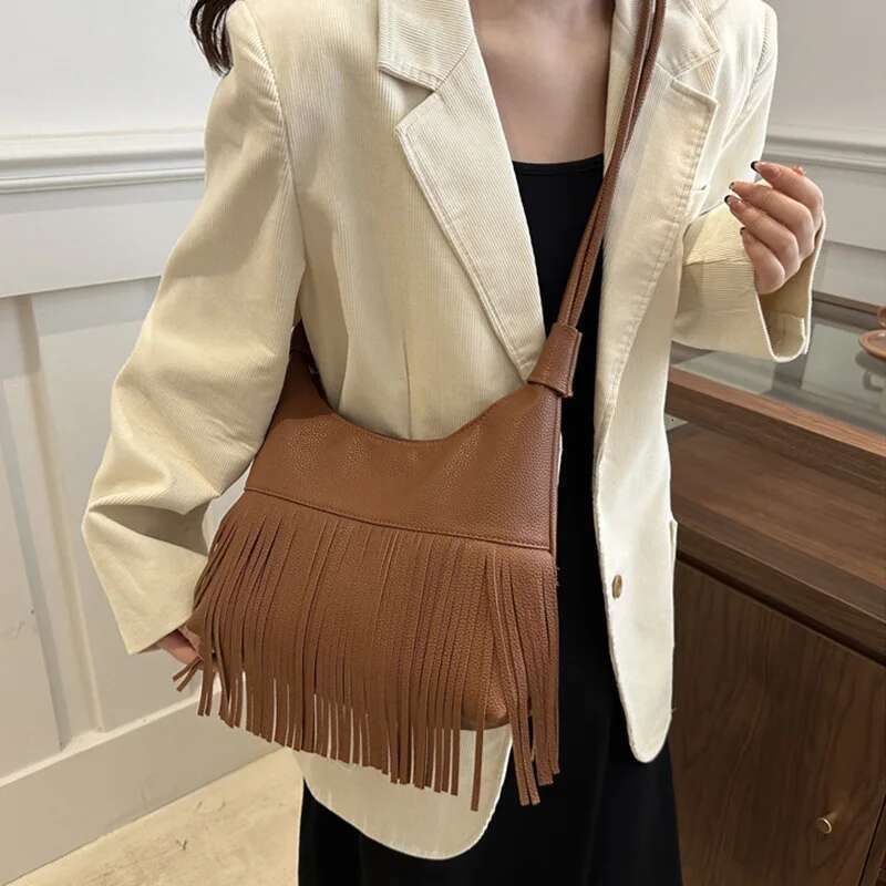 Vintage Tassel Shoulder Bag For Women Daily Used, Soft PU Leather Versatile Crossbody Bags Ladies Casual Handbag