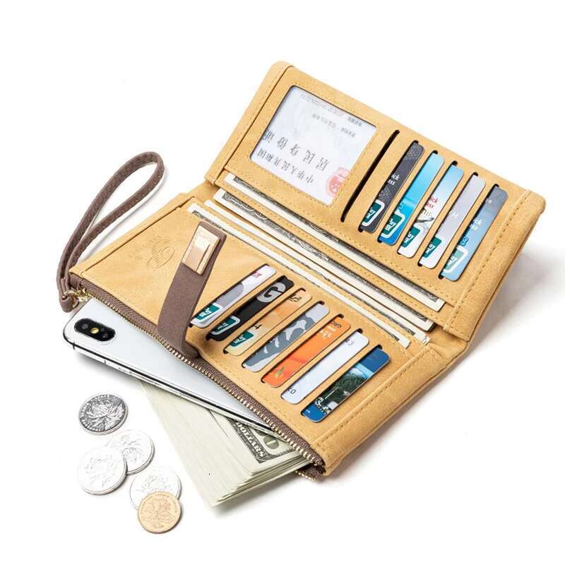 Women Wallet Fashion Long Design Retro PU Leather Credit Card Holder Frosted Leaf Print Buckle Zip Purse Female Handbag Wallets