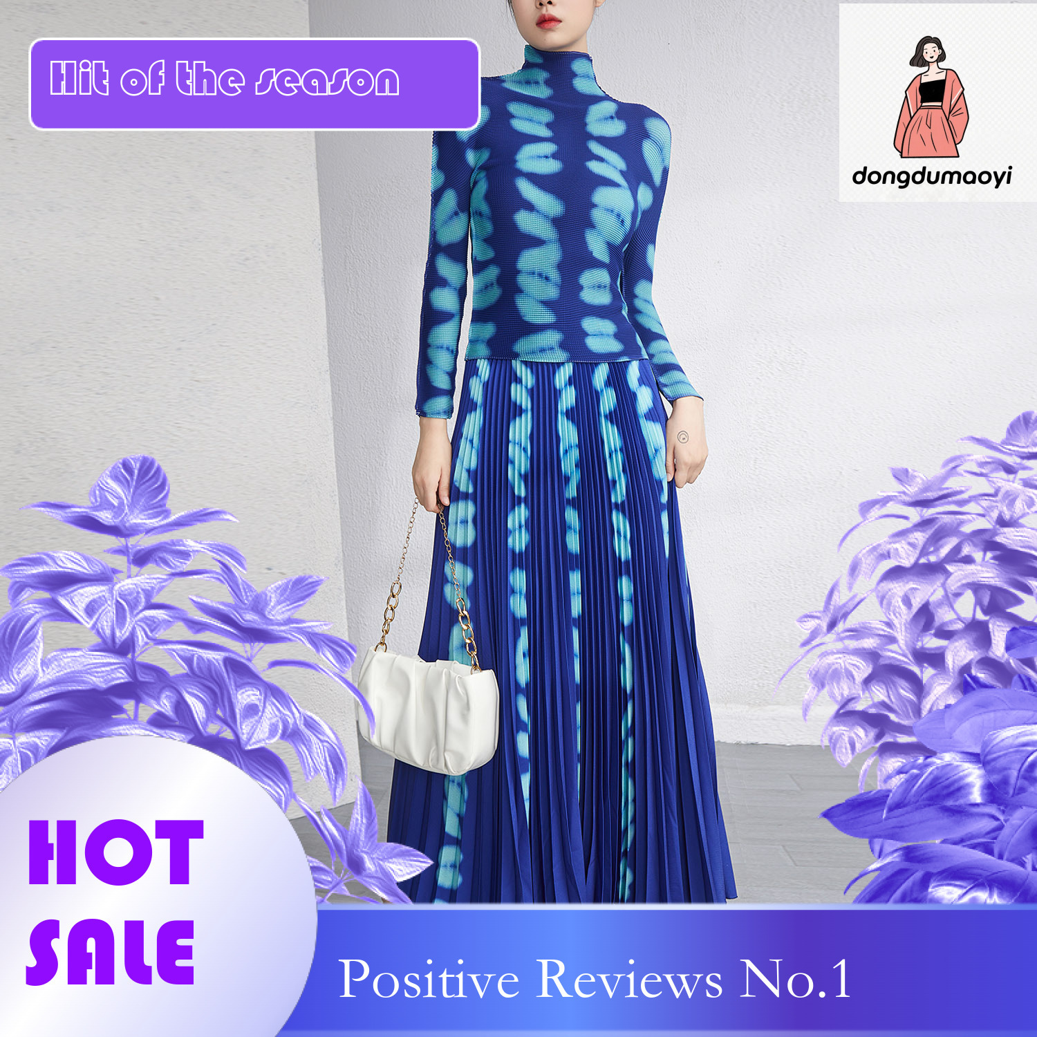 dongdumaoyi Half high collar printed base autumn outfit European small shirt two-piece slimming pleated skirt fashion set