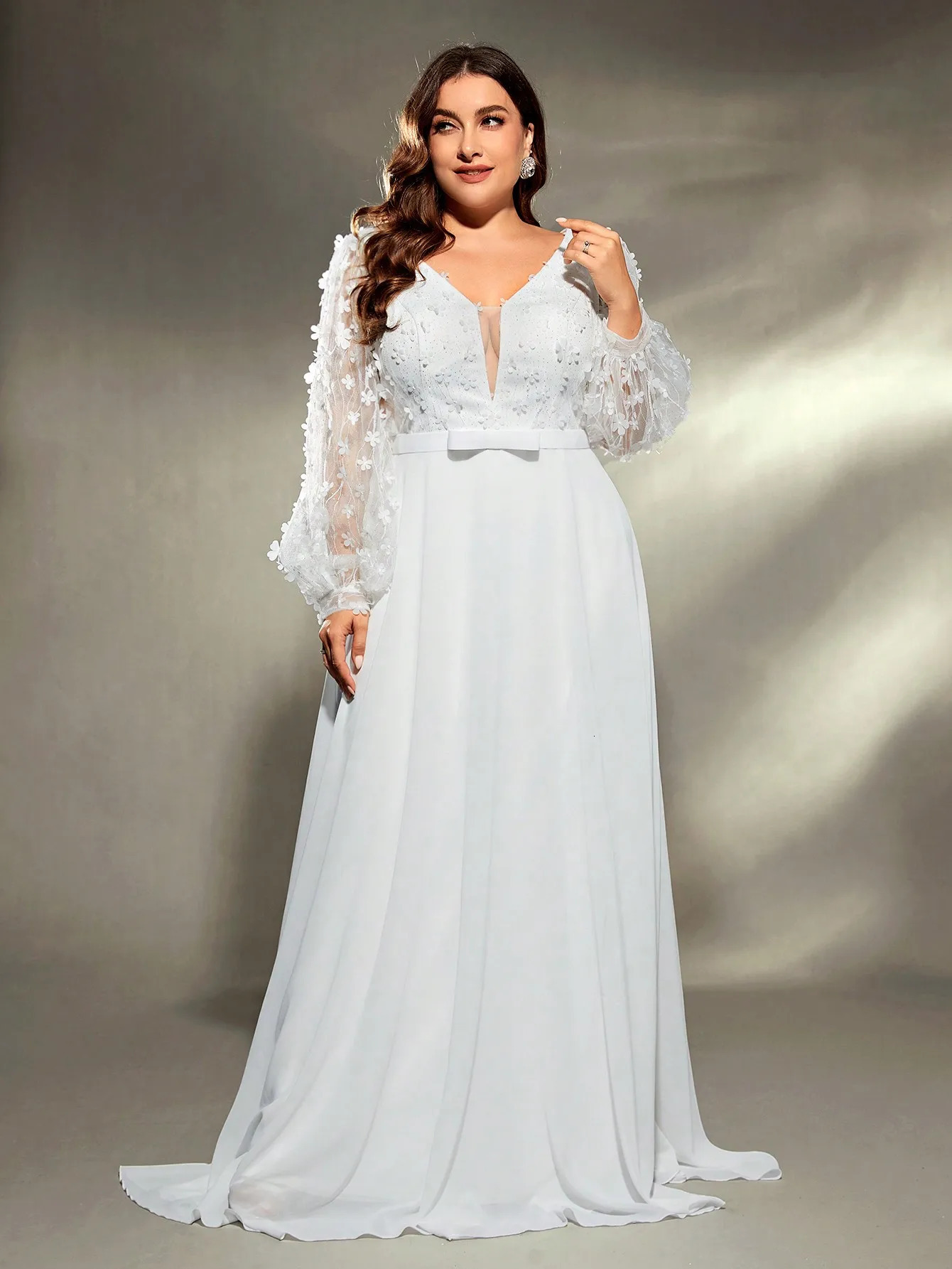 Mgiacy plus size Vneck threedimensional embroidery chiffon train wedding dress Evening gown Ball Party 250506