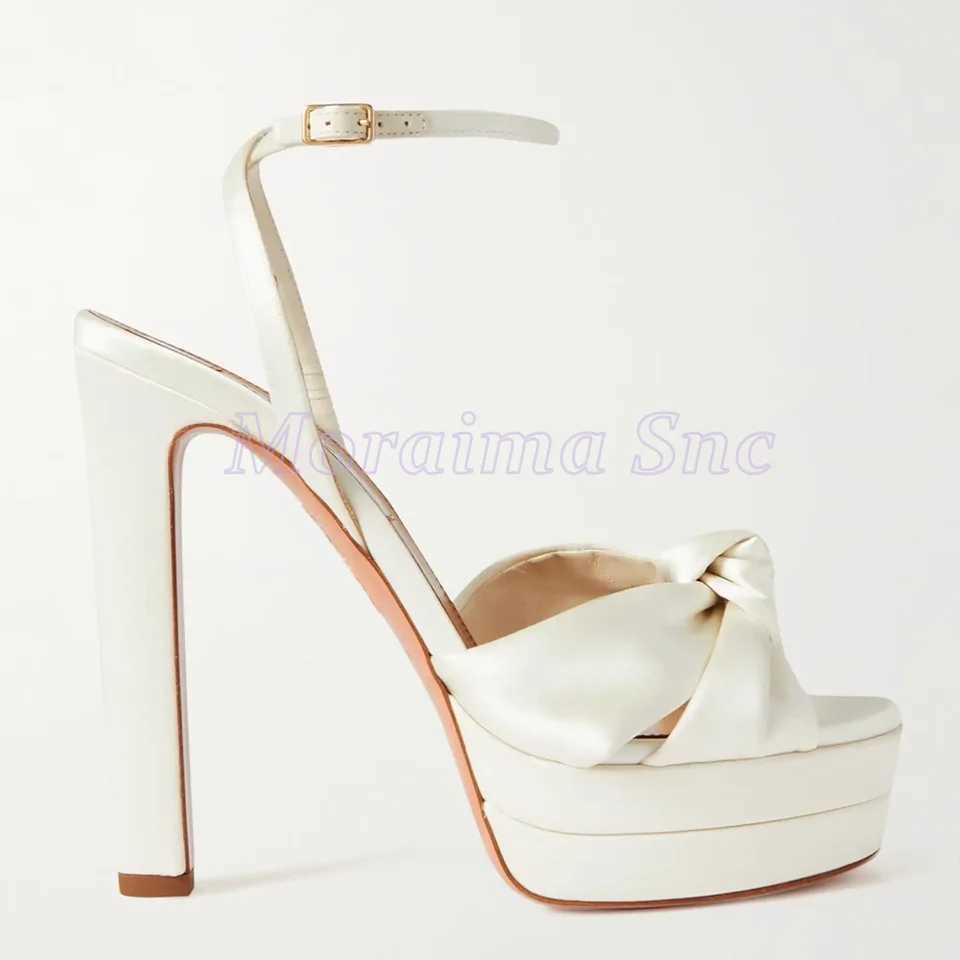 Bridal Knot Satin Platform Sandals Block High Heel Ankle Buckle Strap Round Open Toe Fashion Womens Wedding Shoes Summer 2025 W250514